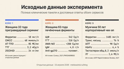 Исходные данные эксперимента: Гигачат и МедАссист на трёх клинических кейсах