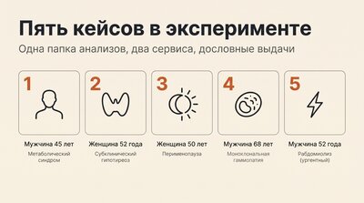 Исходные данные эксперимента: ChatGPT и МедАссист на 5 клинических кейсах